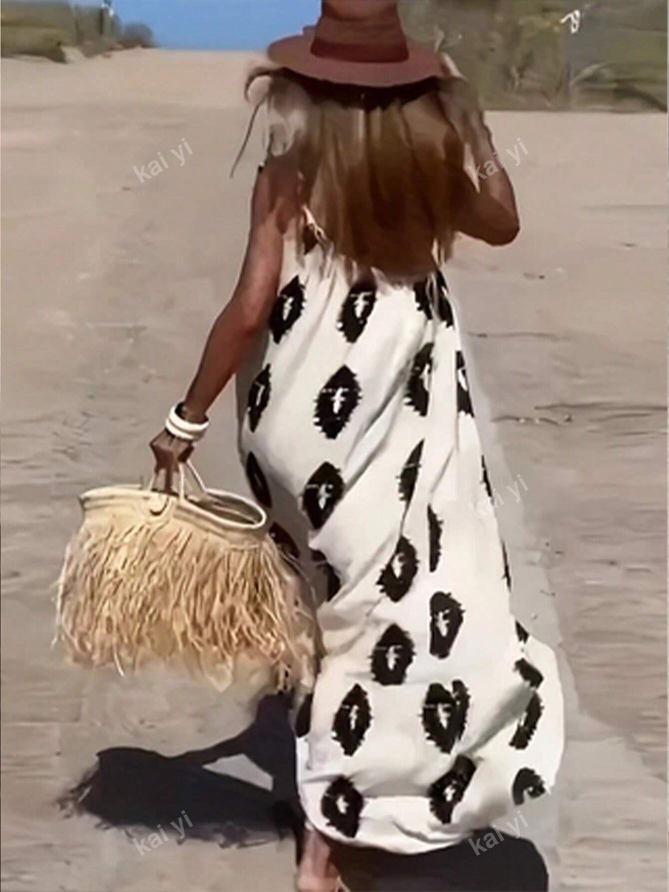 Robe Bohème Sexy Sans Manches à Imprimé Intégral et Liens au Col