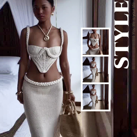 Set Sexy Femme Été – Haut Bandeau Crochet et Jupe Longue Fendue Taille Basse