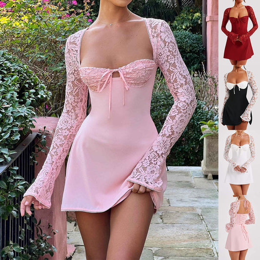 Robe Sexy Style Y2K à Manches Longues en Dentelle – Corset, Dos Nu, Cordon