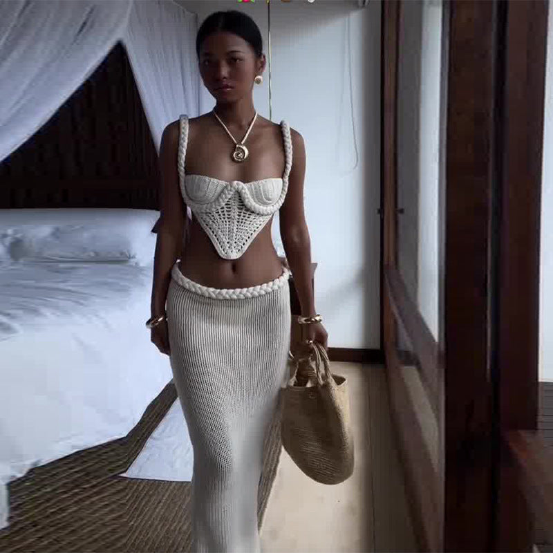 Set Sexy Femme Été – Haut Bandeau Crochet et Jupe Longue Fendue Taille Basse