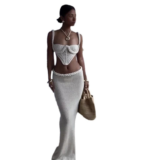 Set Sexy Femme Été – Haut Bandeau Crochet et Jupe Longue Fendue Taille Basse