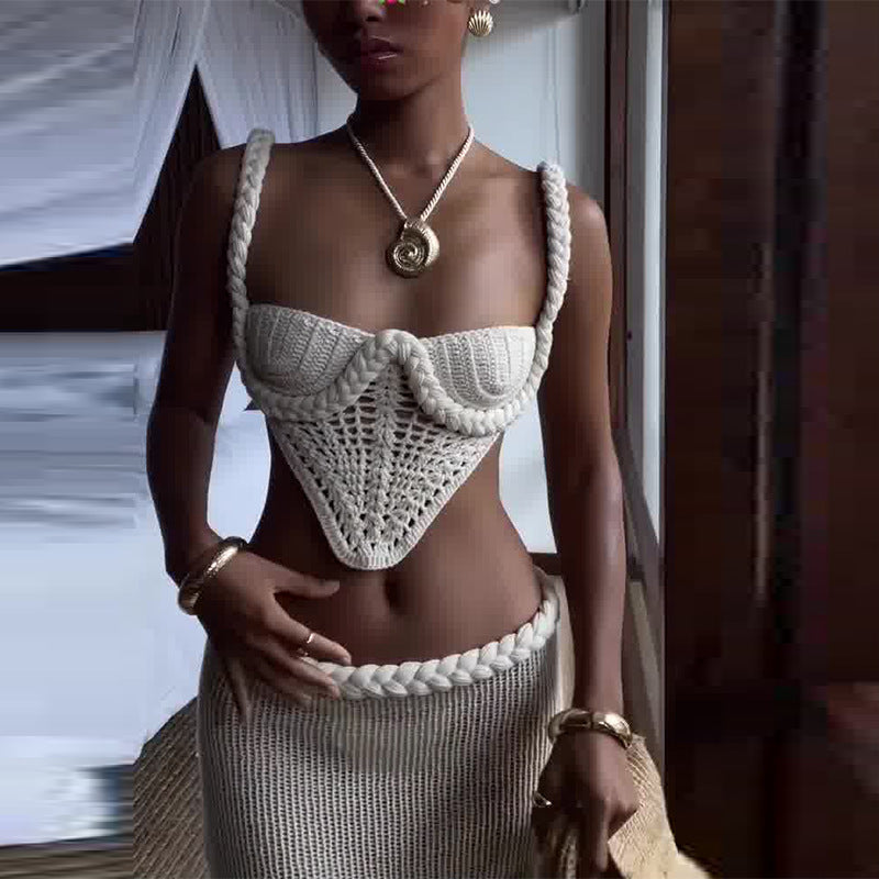 Set Sexy Femme Été – Haut Bandeau Crochet et Jupe Longue Fendue Taille Basse