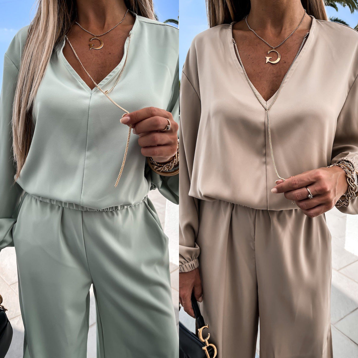 Ensemble de Sport Décontracté Femme – Sweat Col V & Pantalon Long Ajusté