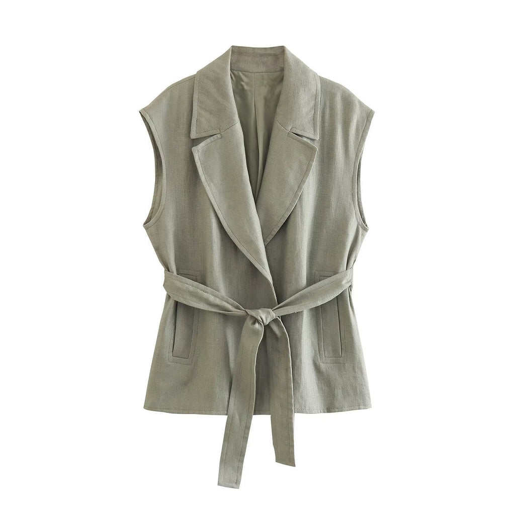Ensemble Gilet Lin Ceinturé – Style Urbain Élégant