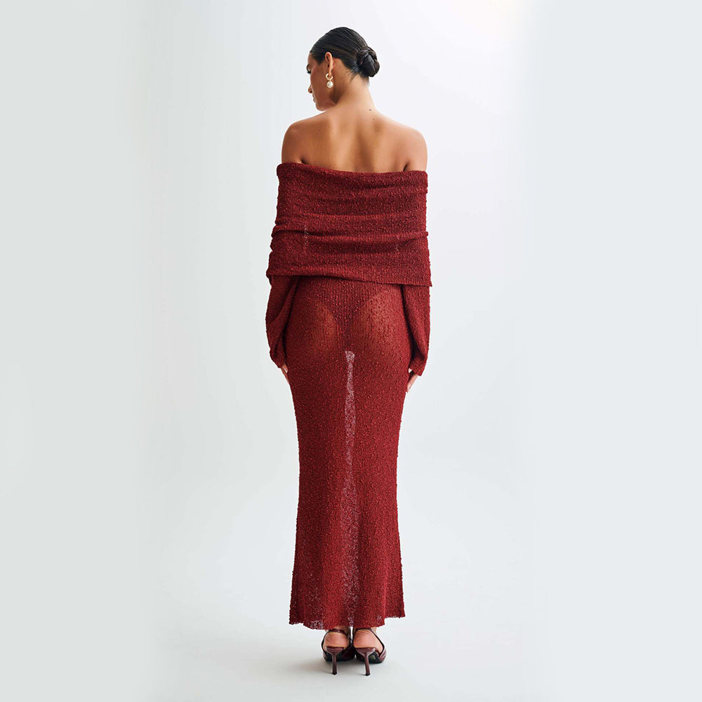 Robe Longue Sexy à Épaule Dénudée – Maille, Manches Longues, Style Vacances à la Plage