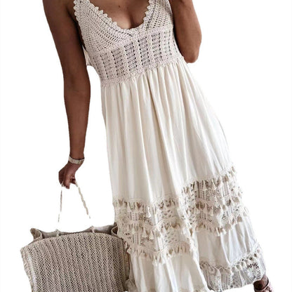 Robe Longue Décontractée Sans Manches avec Détail Dentelle – Élégance Naturelle