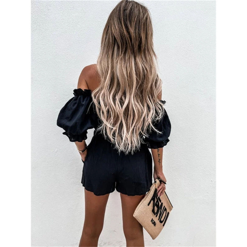 ✨ Ensemble Deux Pièces Sexy – Haut Bustier & Short Taille Haute à Volants