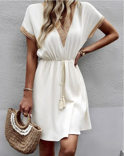 Robe Mi-Longue à Manches Courtes – Col V en Dentelle, Taille Ample, Couleur Unie