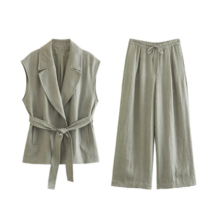 Ensemble Gilet Lin Ceinturé – Style Urbain Élégant