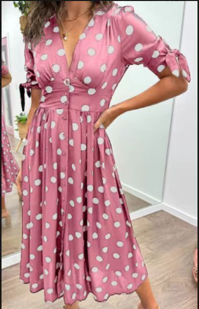 Robe Priscilla Mi-longue À Pois Boutonnée