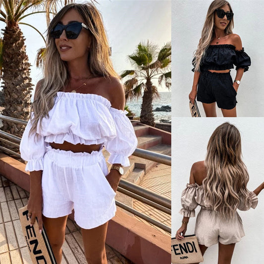 ✨ Ensemble Deux Pièces Sexy – Haut Bustier & Short Taille Haute à Volants