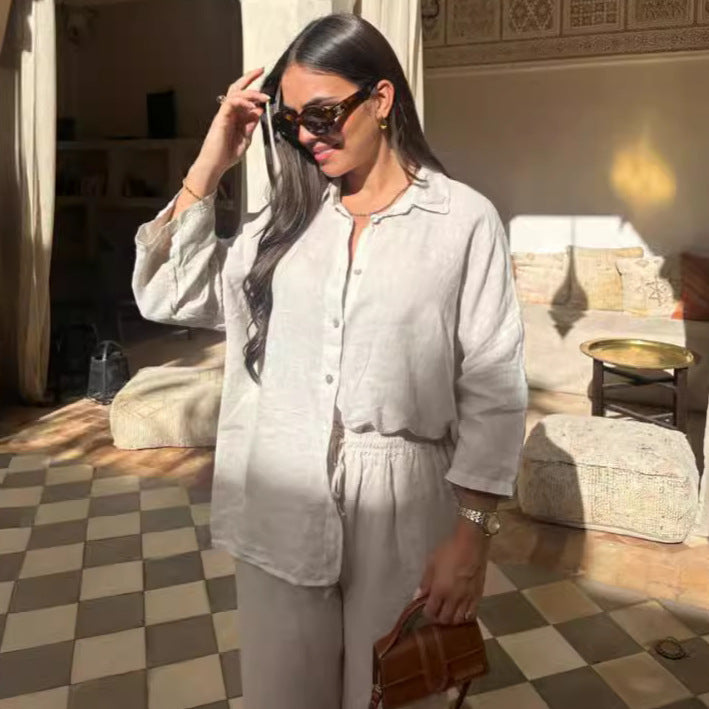 ✨ Ensemble Décontracté Femme en Coton & Lin – Style Coréen à Manches 3/4