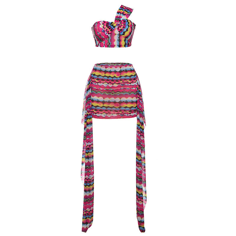 Ensemble Tendance à Rayures Digitales – Crop Top Sans Manches & Jupe Courte Cintrée