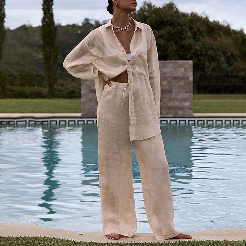 Ensemble Décontracté Femme – Blouse Longue & Pantalon Fluide Abricot